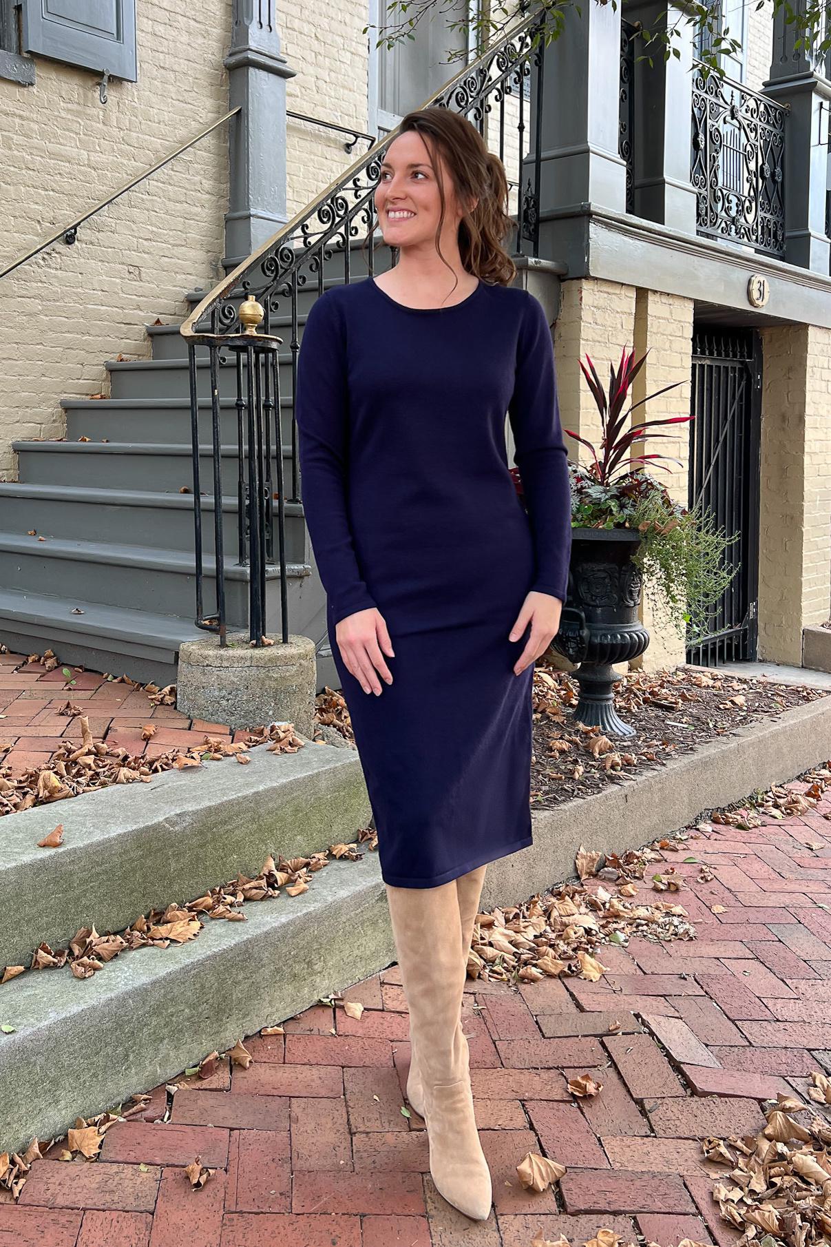 THE QUINN EVERYDAY SCOOP NECK SWEATER DRESS IN NAVY (FINAL SALE) Petite 39" / 2XL THE QUINN EVERYDAY SCOOP NECK SWEATER DRESS IN NAVY (FINAL SALE) Petite 39" / 2XL
