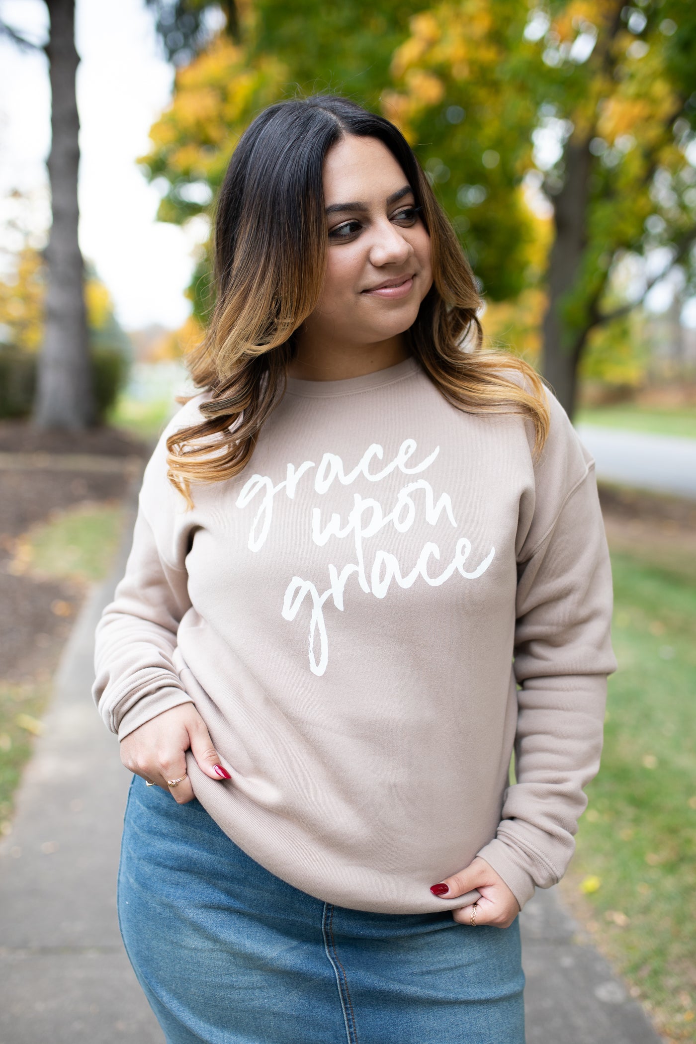 PINK DEALS* Grace Upon Grace Graphic Sweatshirt in Tan