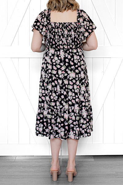 Adella Smocked Floral Midi Dress in Black (FINAL SALE)