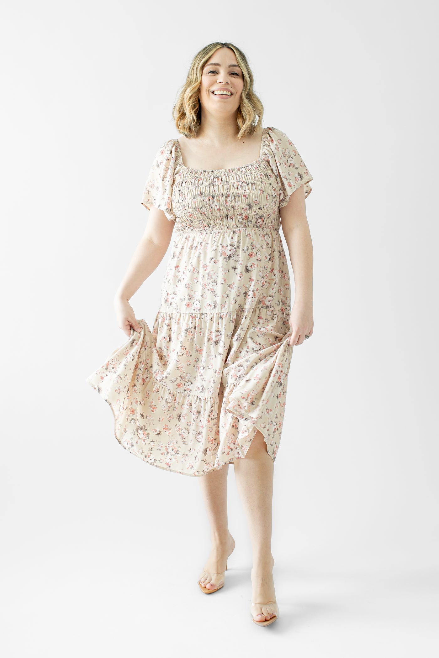 Adella Smocked Floral Midi Dress in Taupe (FINAL SALE)