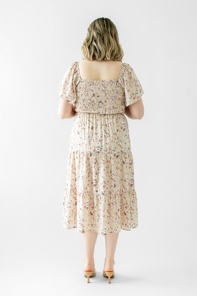 Adella Smocked Floral Midi Dress in Taupe (FINAL SALE)