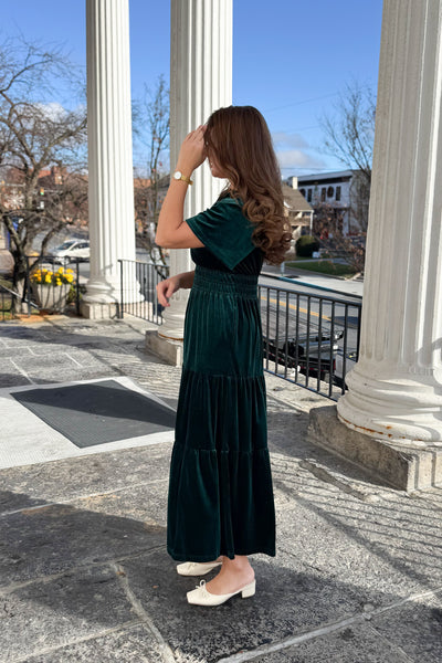 The Noelle Velvet Tiered Maxi Dress in Evergreen