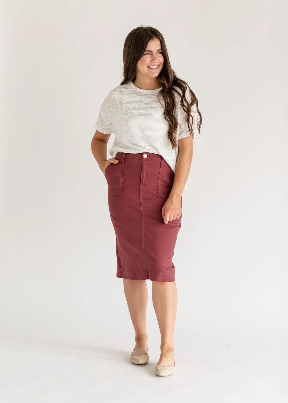 Amber Denim Skirt in Bright Burgundy