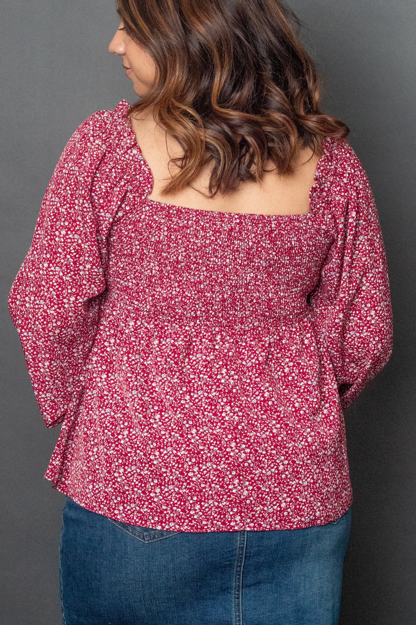 Cassidy Notch Front Long Sleeve Blouse in Merlot Lillies (FINAL SALE)