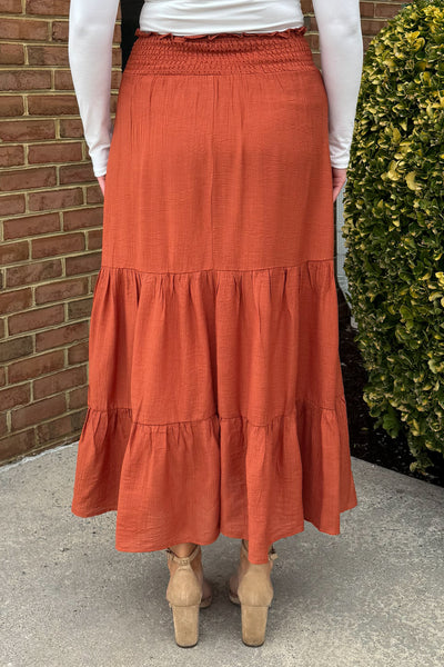 Faye Tiered Maxi Skirt in Rust