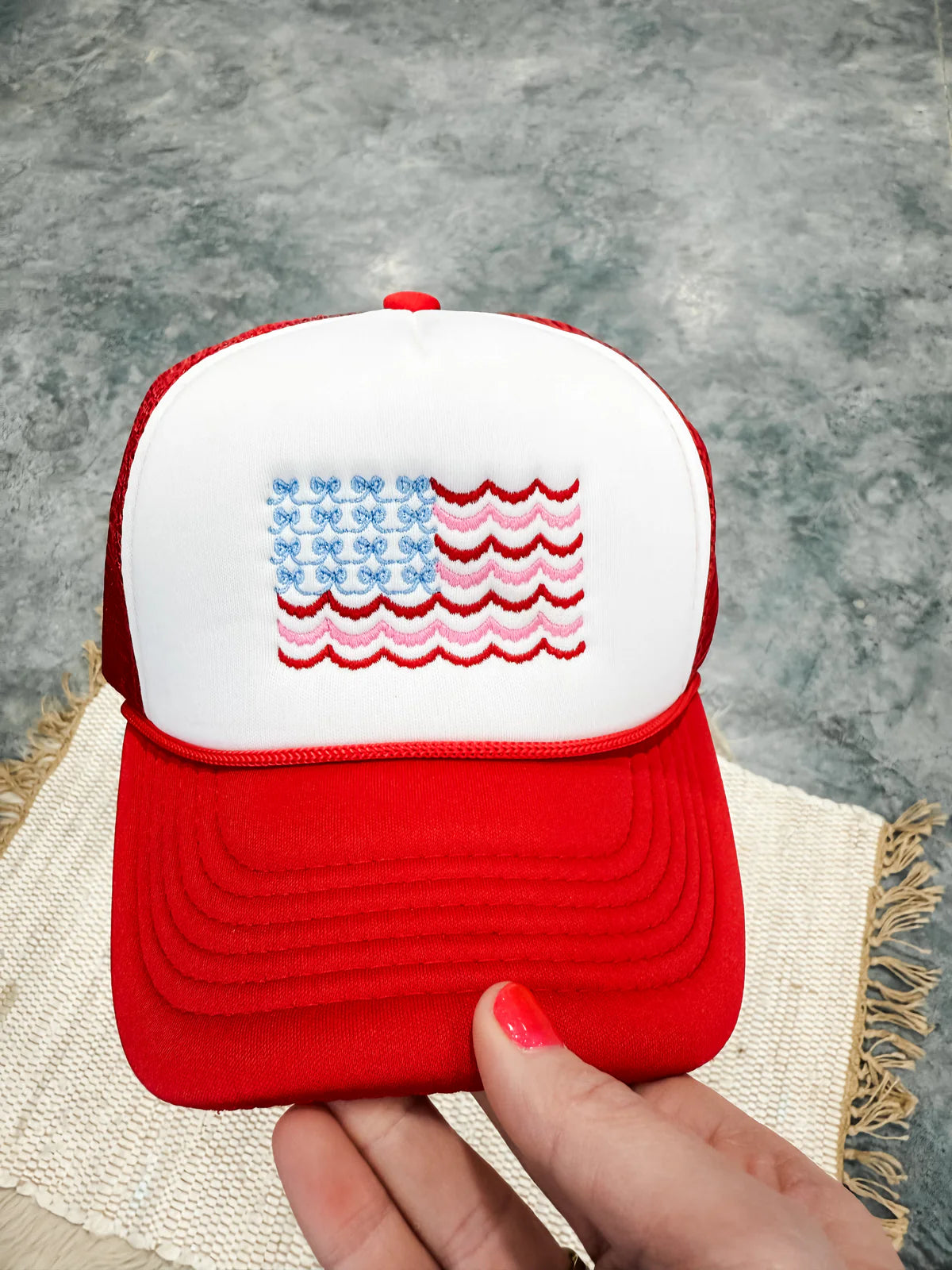 STRIPES & BOW FLAG RED & WHITE TRUCKER HAT (Ships by 5/20)