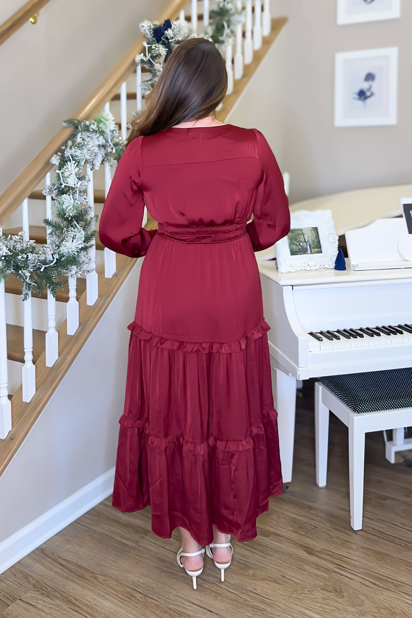 The Adriana Ruffle Satin Maxi Dress in Burgundy