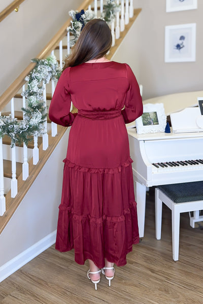 The Adriana Ruffle Satin Maxi Dress in Burgundy
