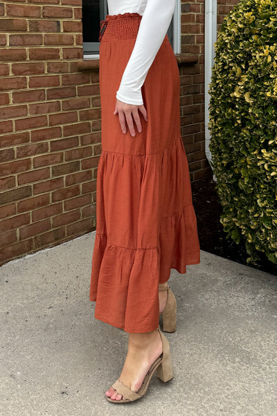 Faye Tiered Maxi Skirt in Rust