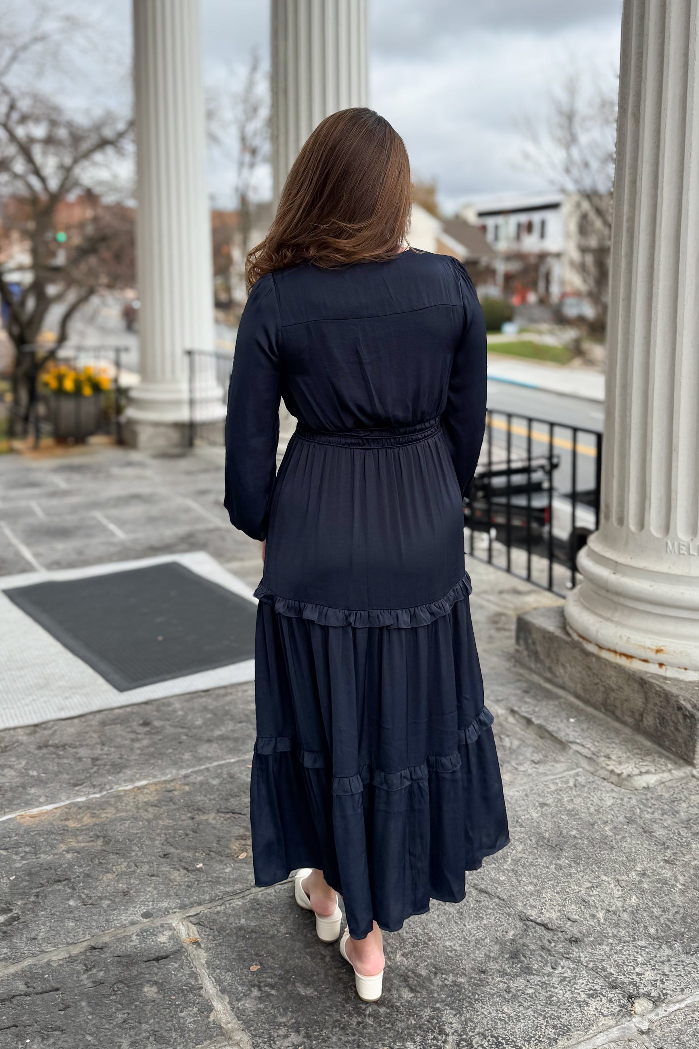 The Adriana Ruffle Satin Maxi Dress in Deep Navy