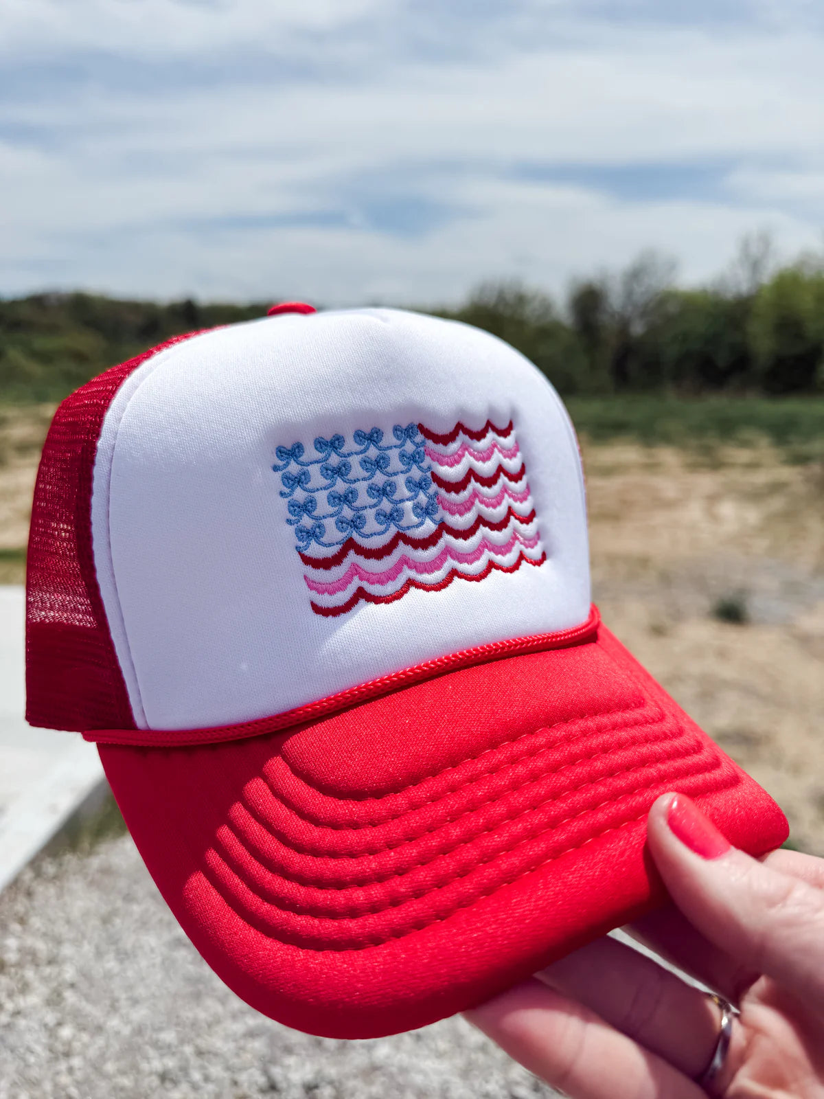 STRIPES & BOW FLAG RED & WHITE TRUCKER HAT (Ships by 5/20)