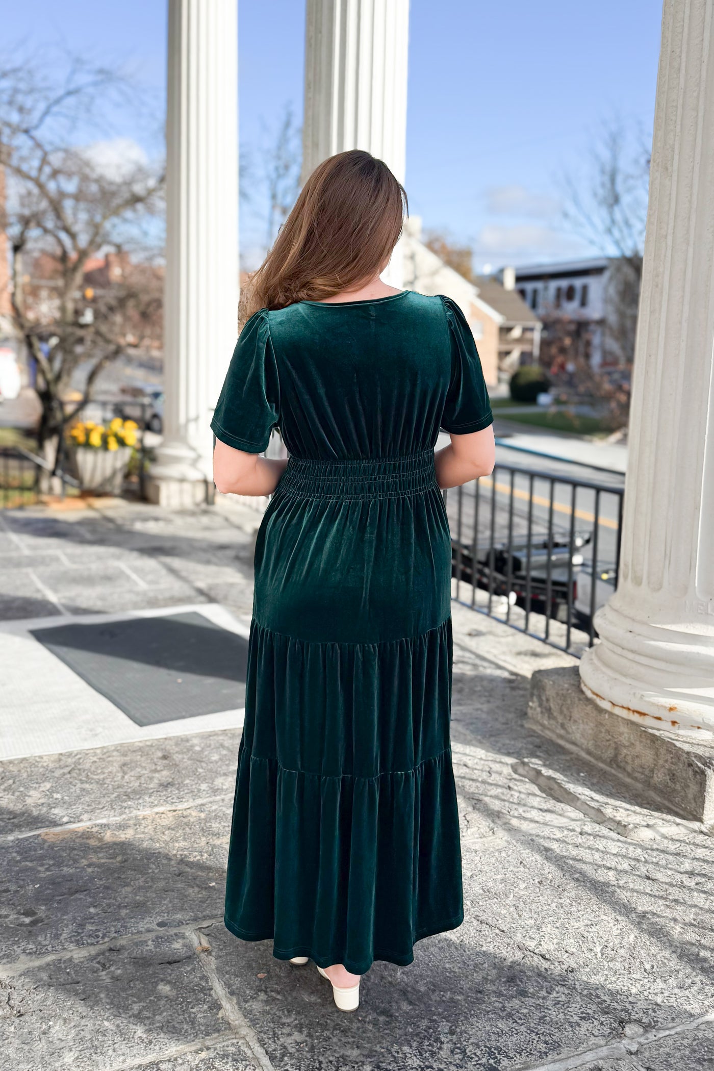 The Noelle Velvet Tiered Maxi Dress in Evergreen