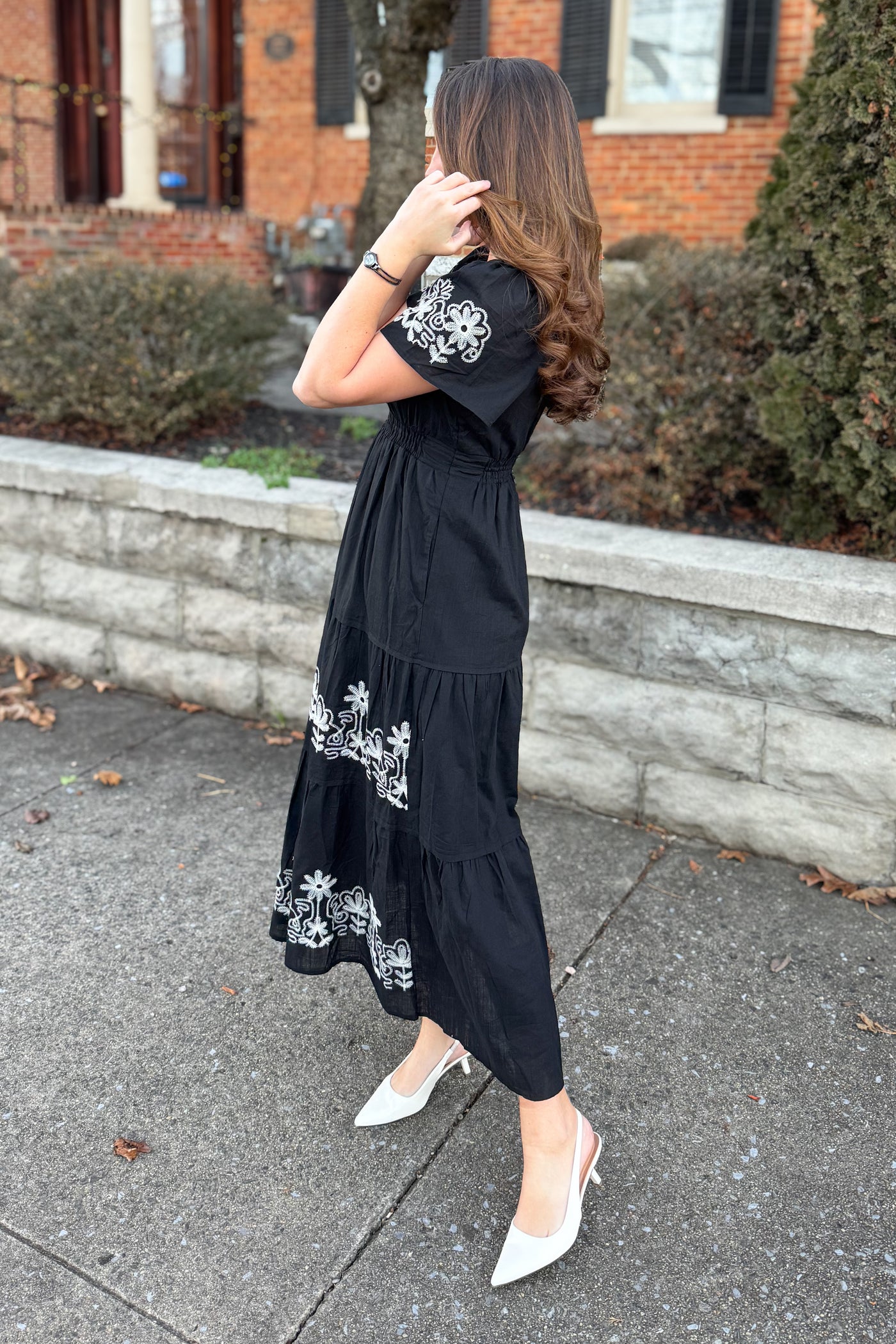 The Alyvia Embroidered Long Sleeve Maxi Dress in Black