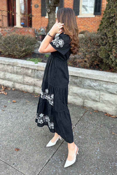 The Alyvia Embroidered Long Sleeve Maxi Dress in Black