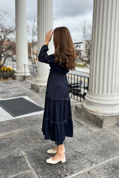The Adriana Ruffle Satin Maxi Dress in Deep Navy