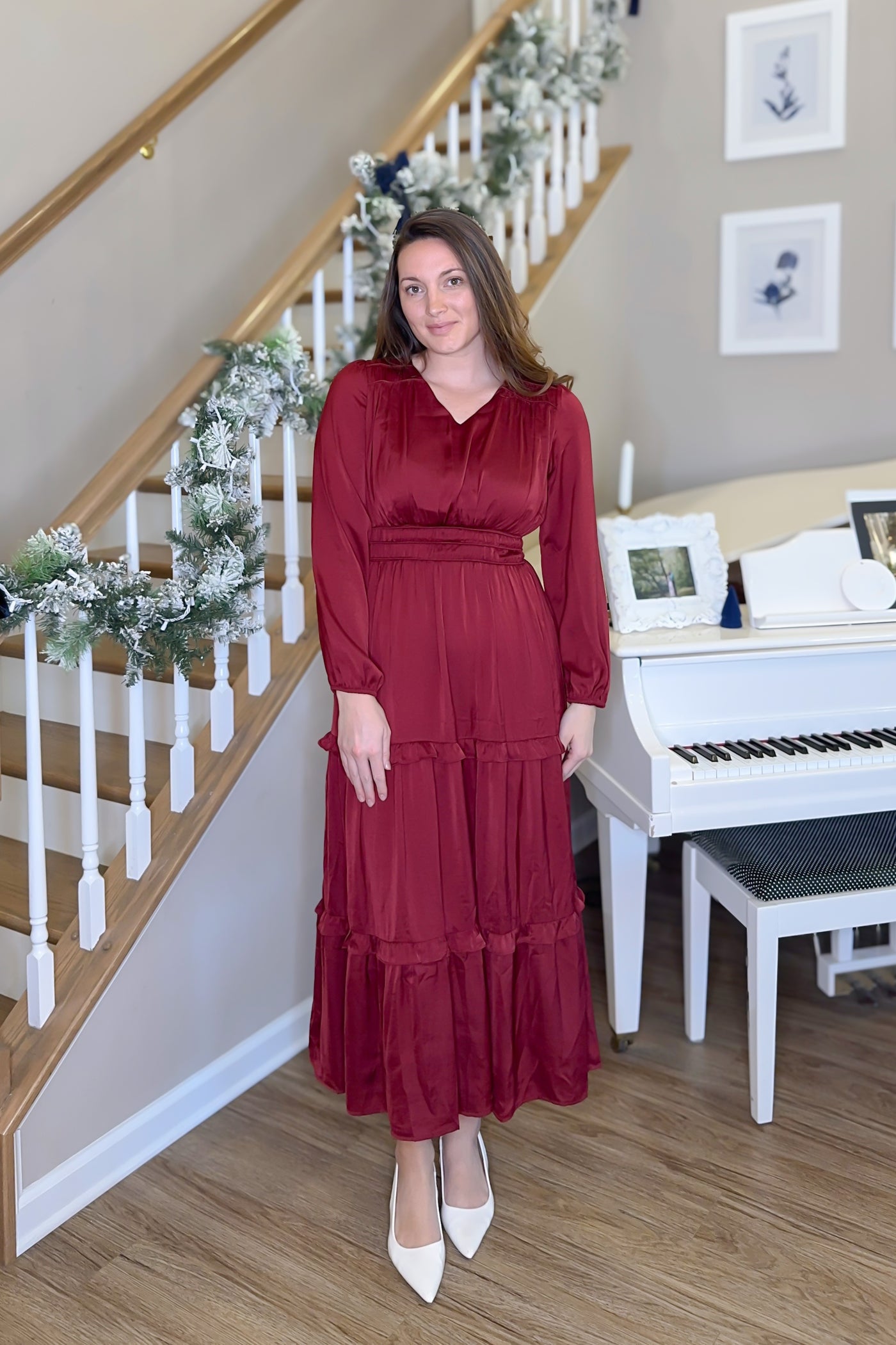 The Adriana Ruffle Satin Maxi Dress in Burgundy