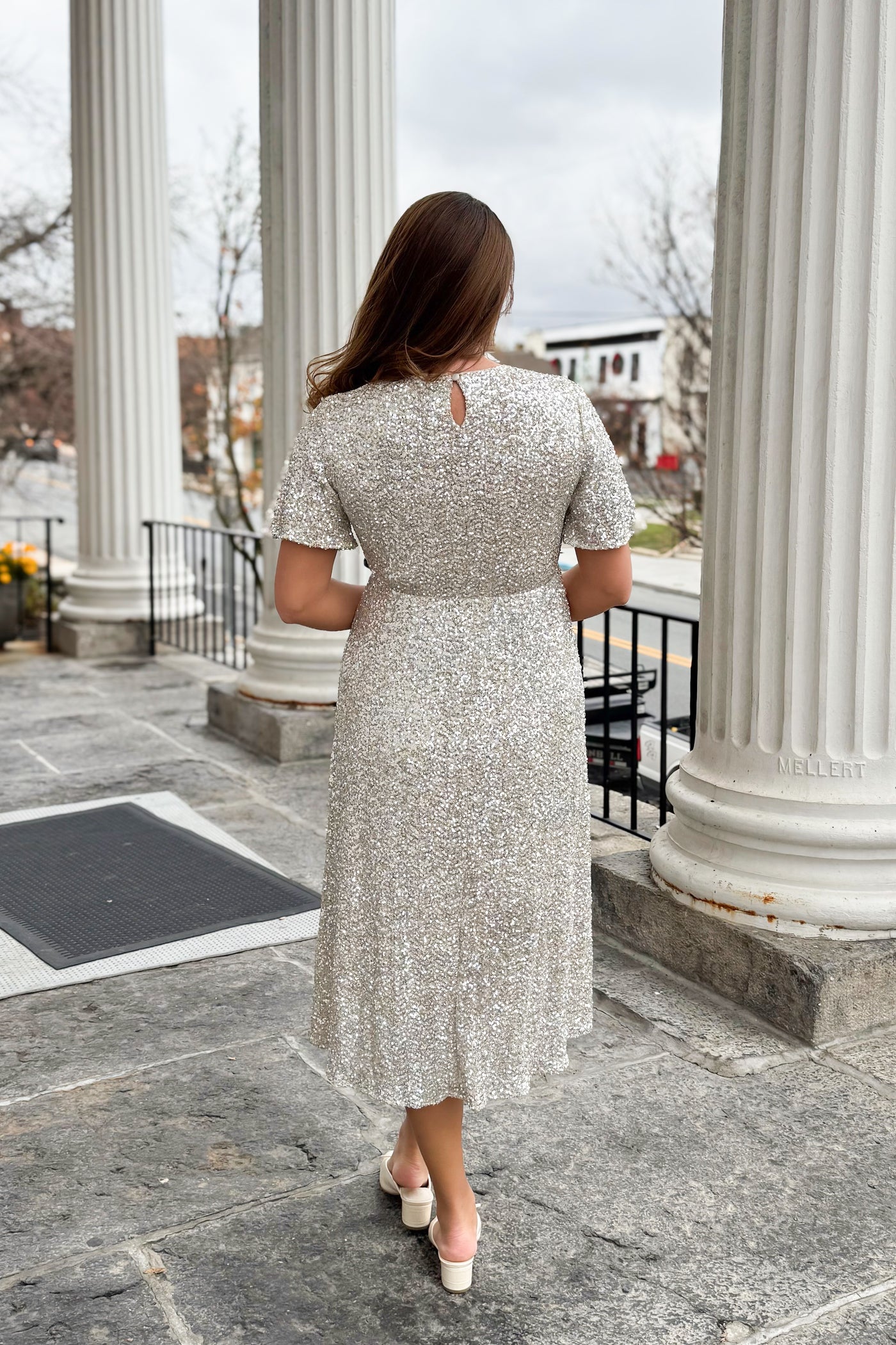 The Roxie Sequin Midi Dress in Champagne