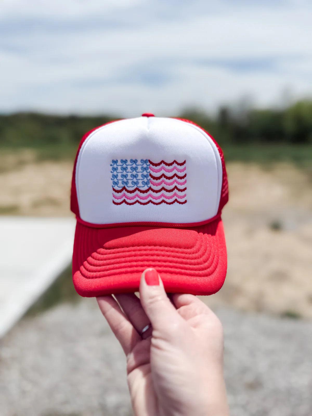 STRIPES & BOW FLAG RED & WHITE TRUCKER HAT (Ships by 5/20)