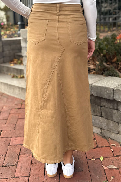Leah Denim Maxi Skirt in Dk. Khaki