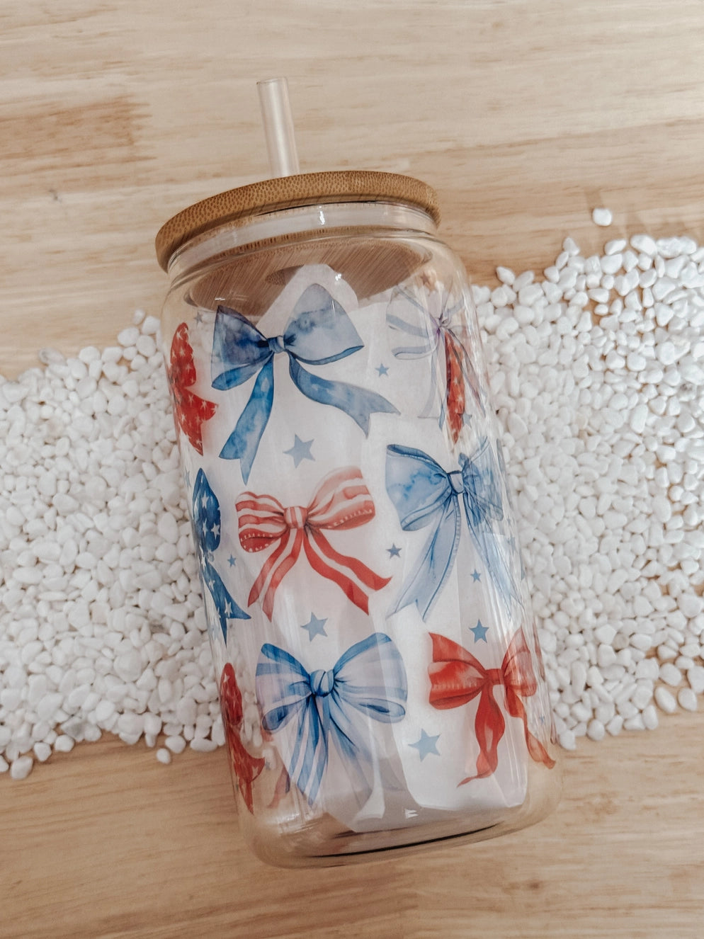 USA Bow 16oz Glass Can Cup with Bamboo Lid