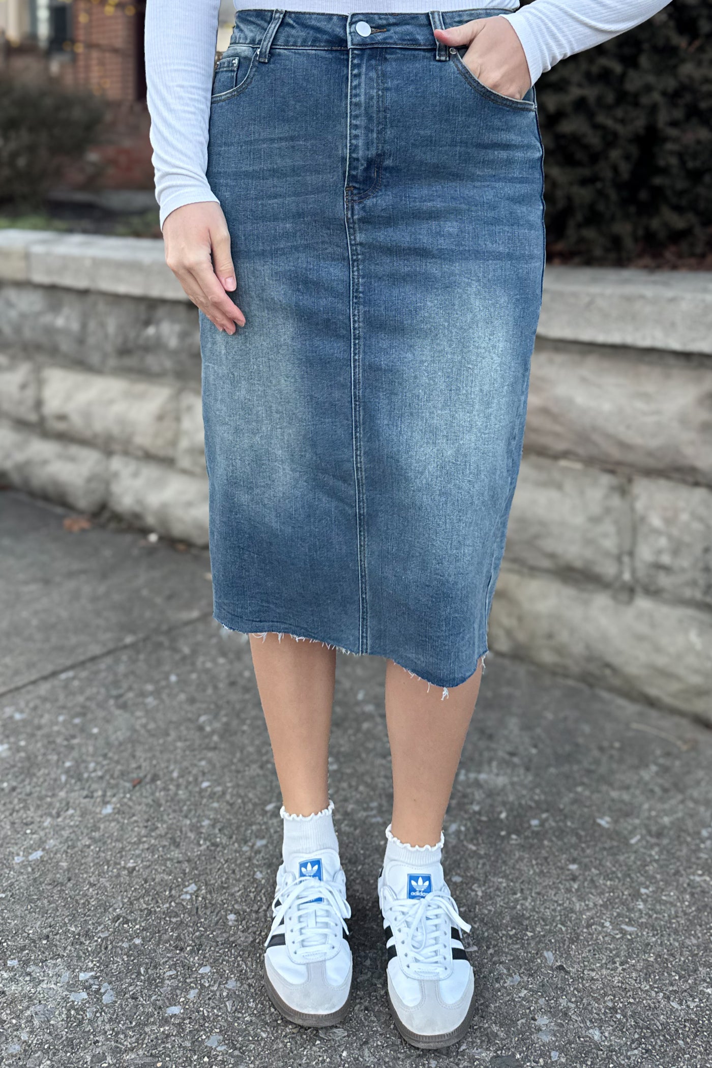 PRE-ORDER - The Raelynn Denim Skirt in Vintage (Ships by 3/1)