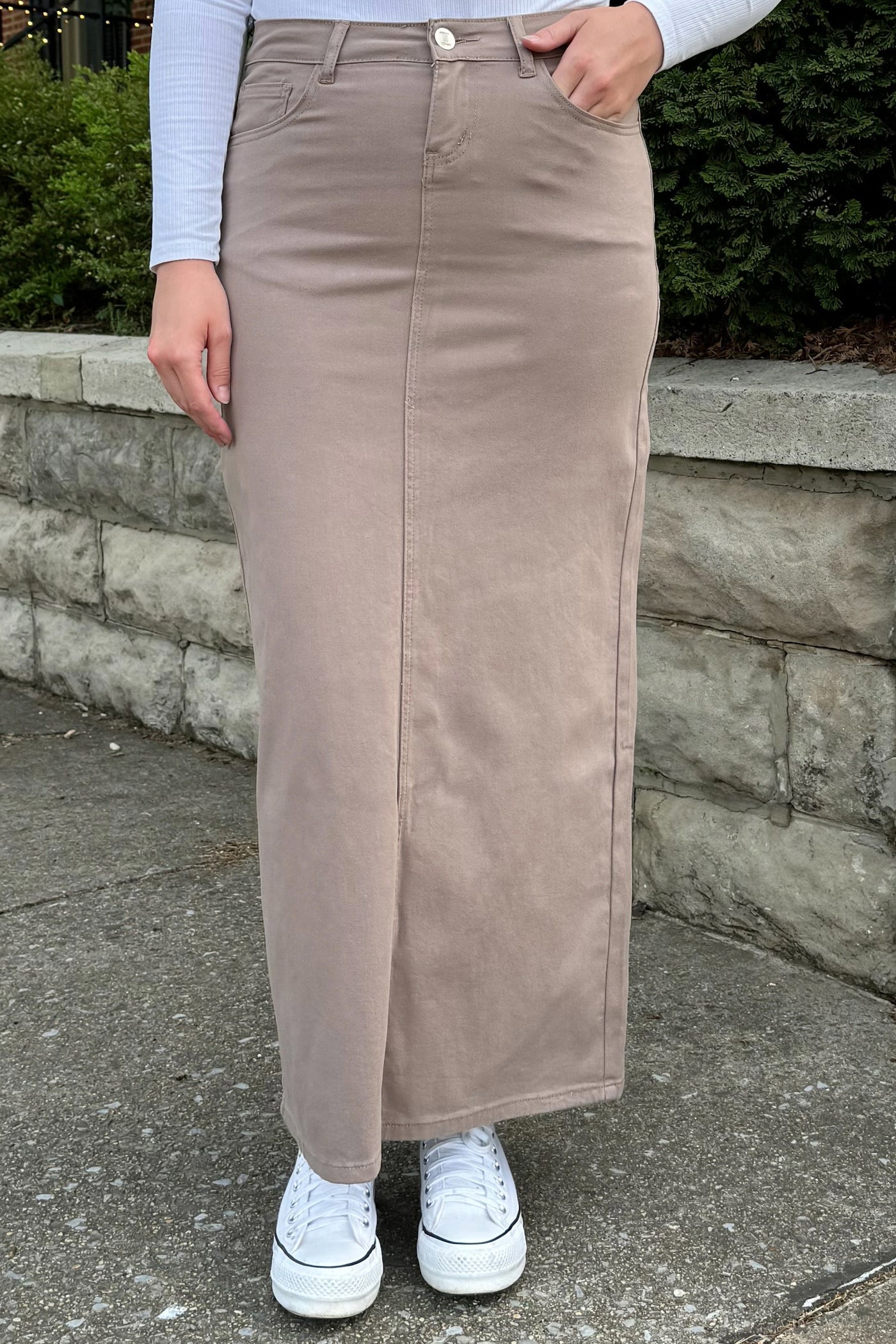 Taylee Denim Maxi Skirt in Taupe