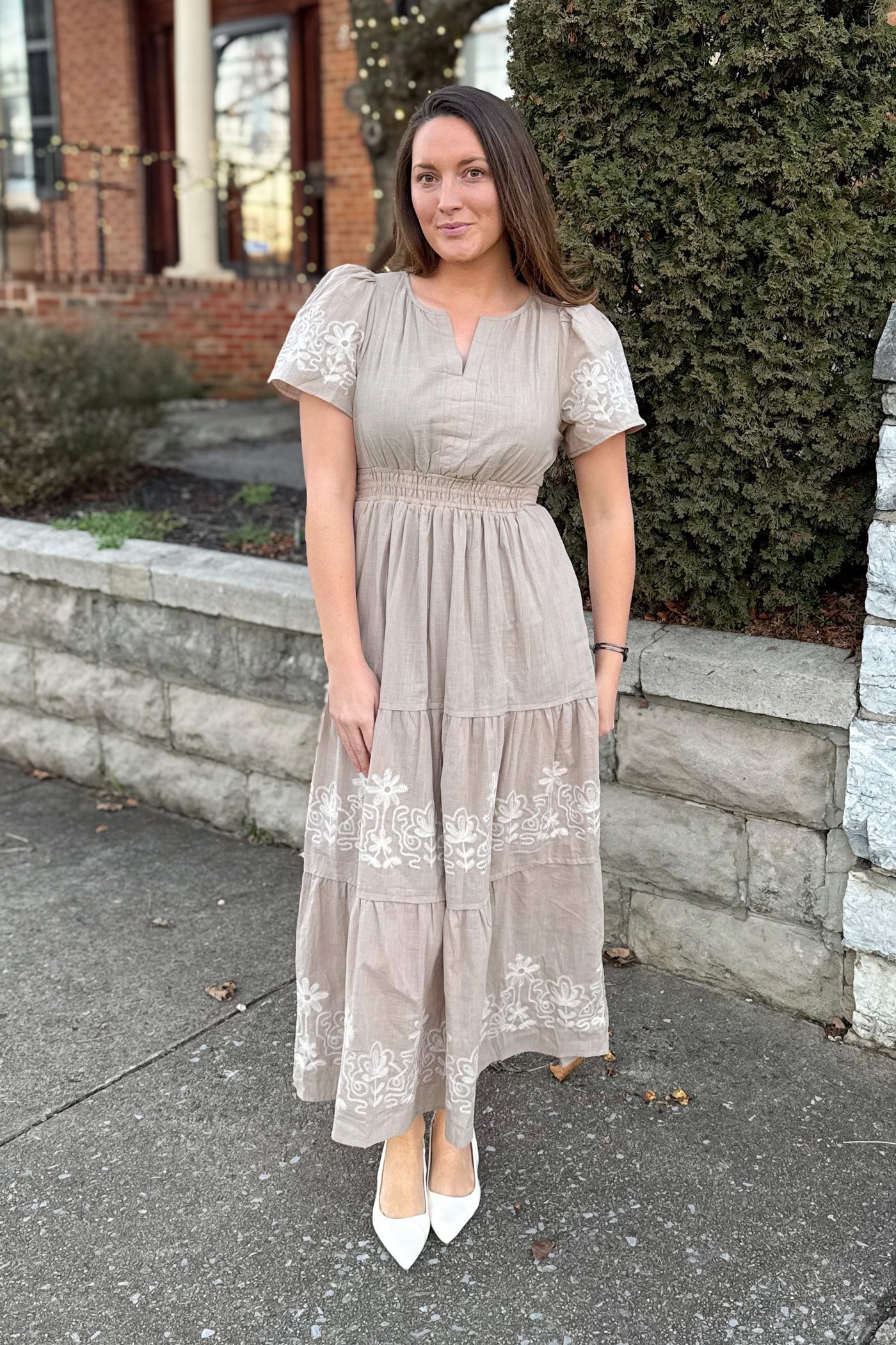 The Alyvia Embroidered Long Sleeve Maxi Dress in Taupe