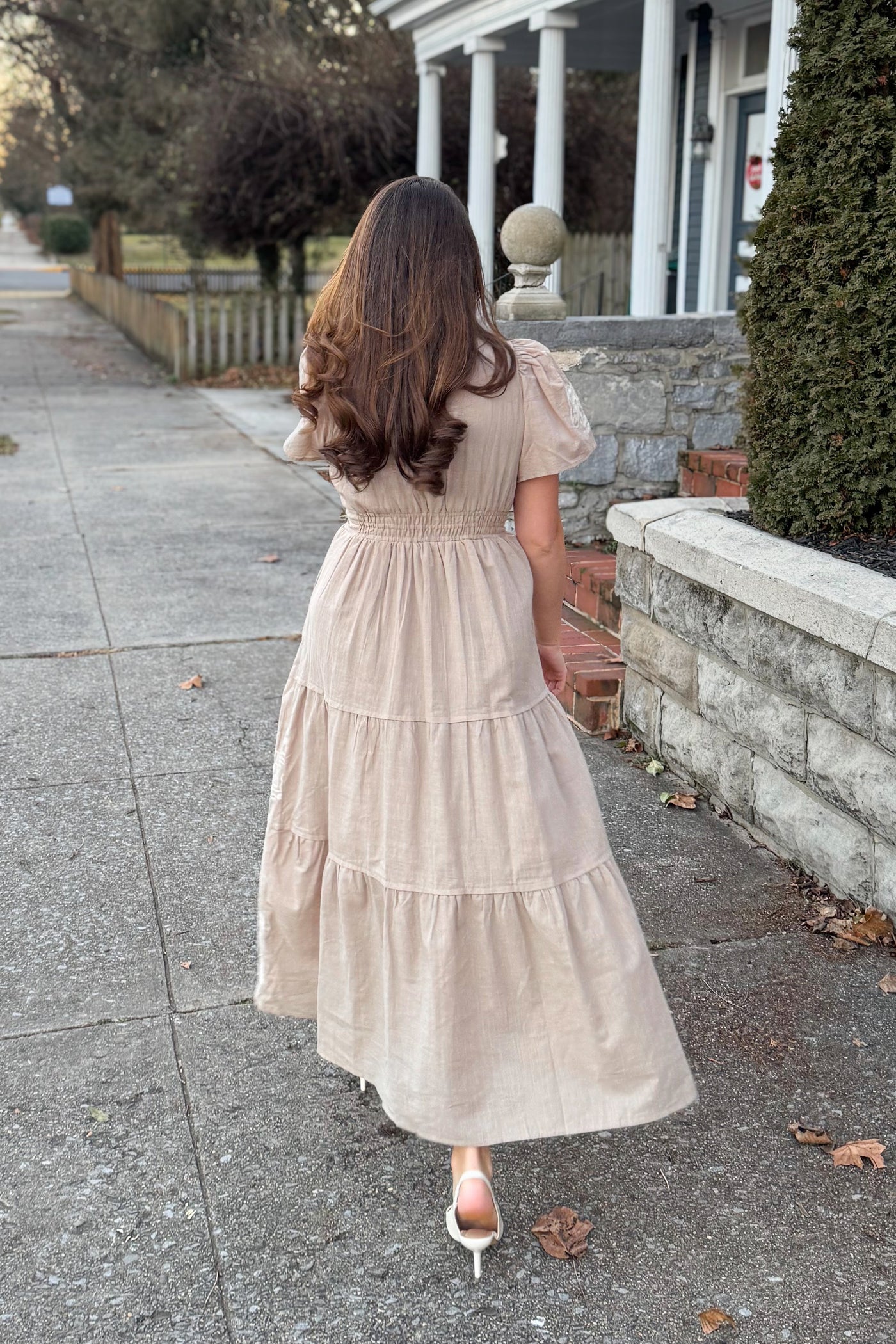 The Alyvia Embroidered Long Sleeve Maxi Dress in Taupe