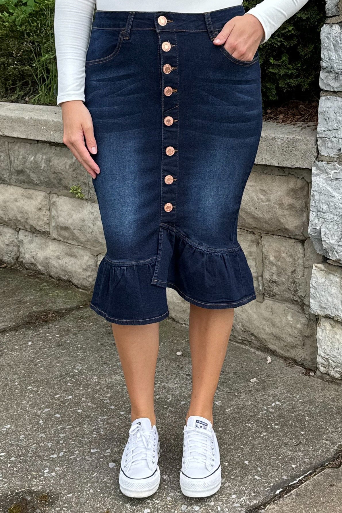 Ruffled Hem Denim Skirt (Dk. Indigo) - FINAL SALE