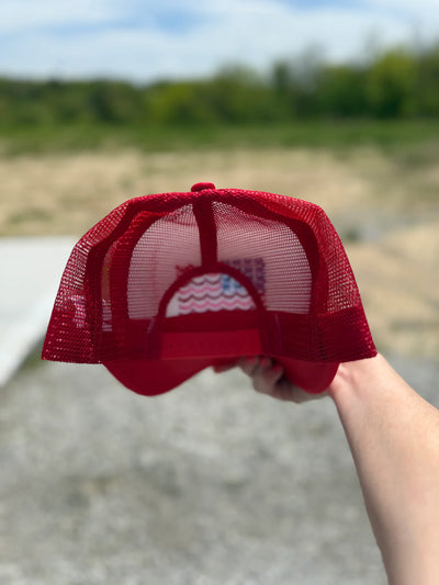 STRIPES & BOW FLAG RED & WHITE TRUCKER HAT (Ships by 5/20)