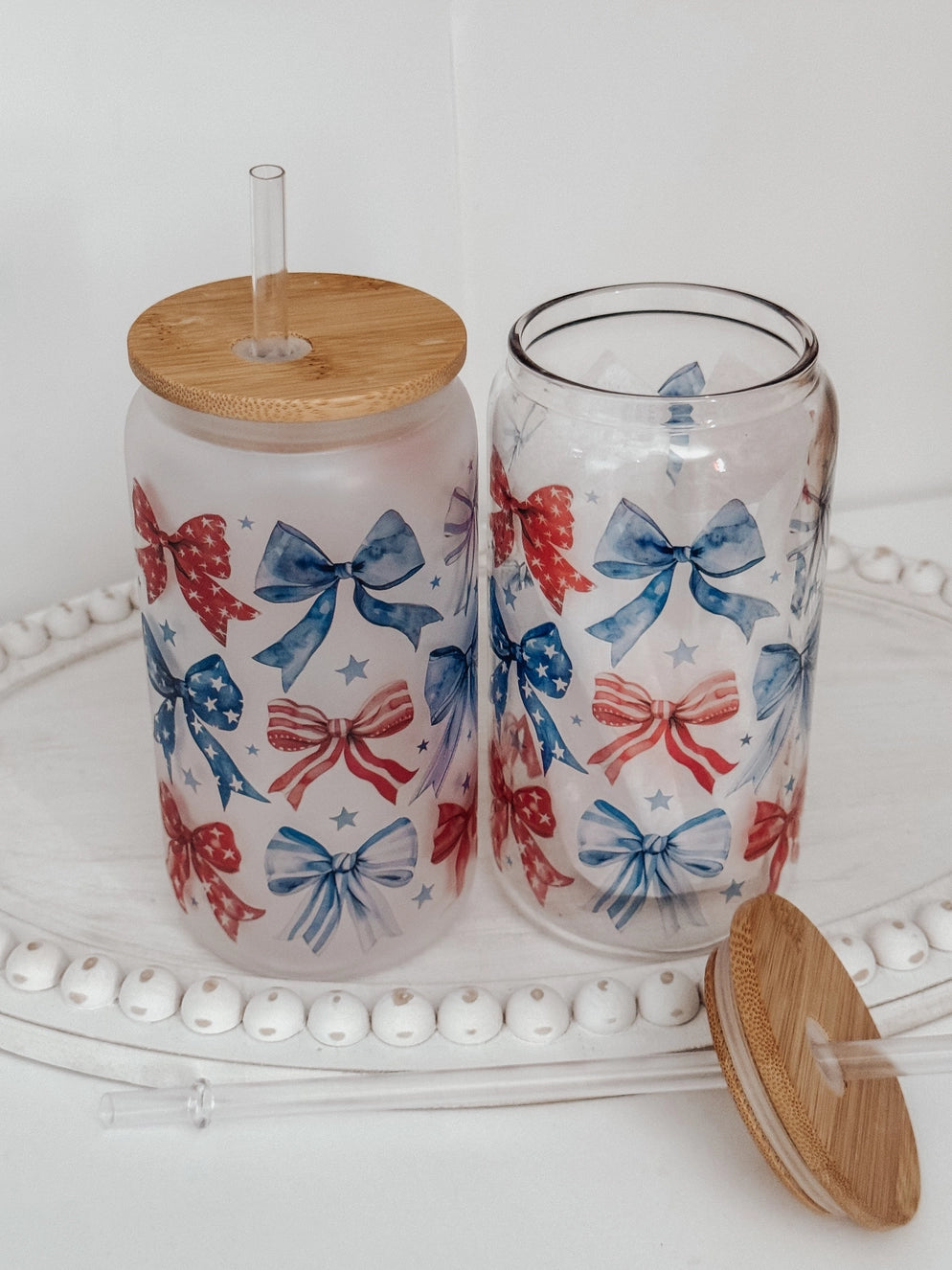 USA Bow 16oz Glass Can Cup with Bamboo Lid