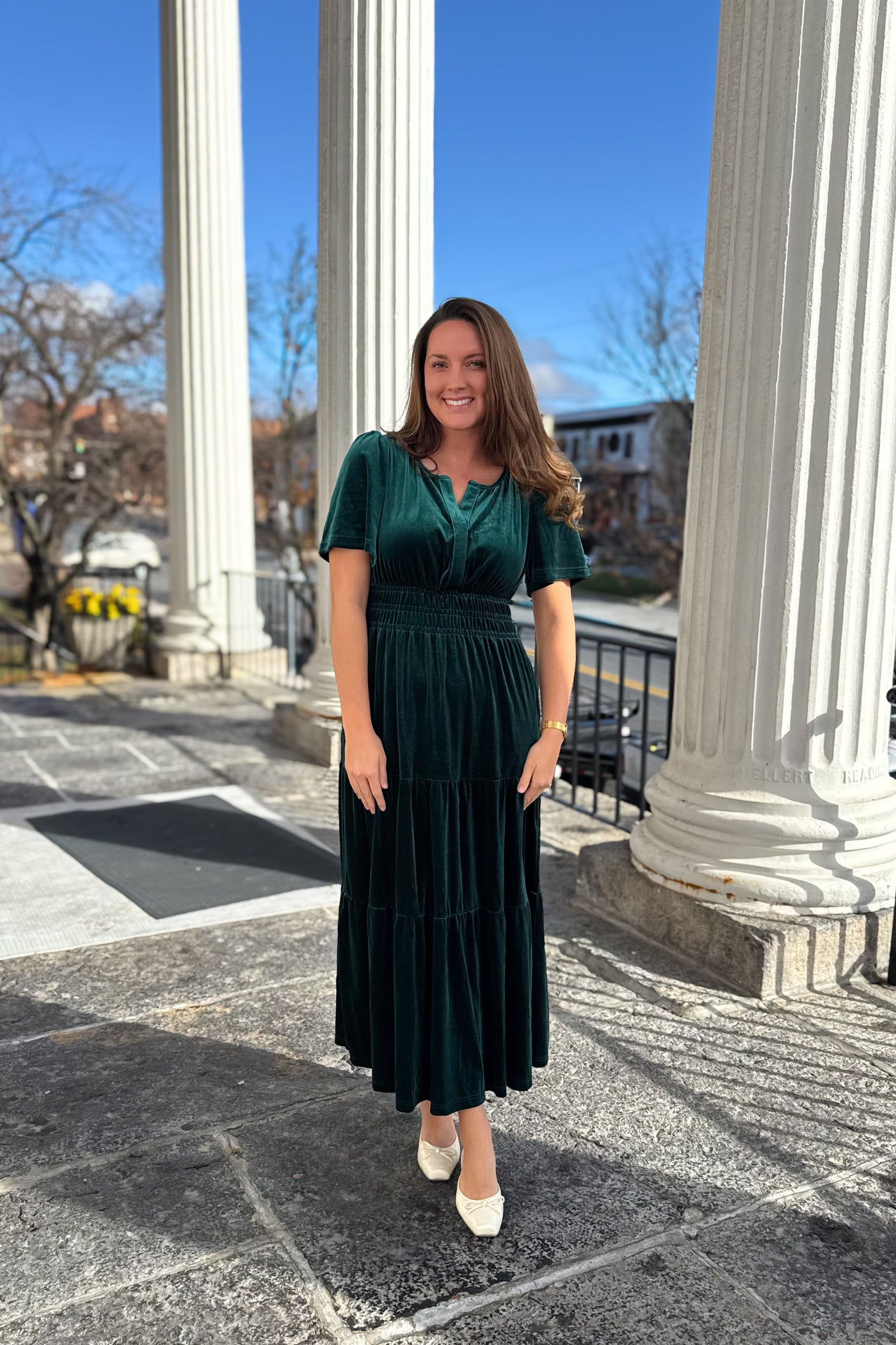 The Noelle Velvet Tiered Maxi Dress in Evergreen