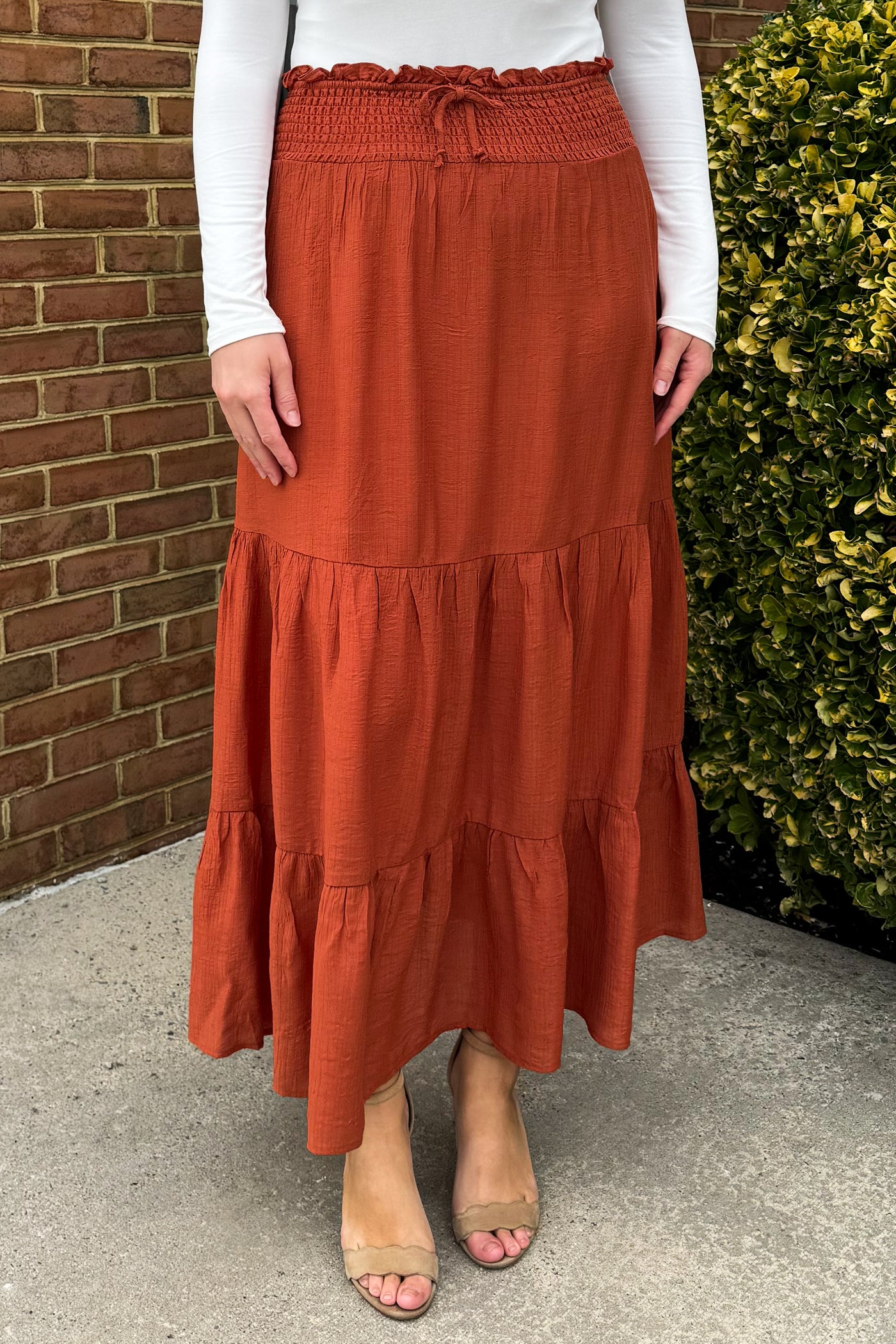 Faye Tiered Maxi Skirt in Rust