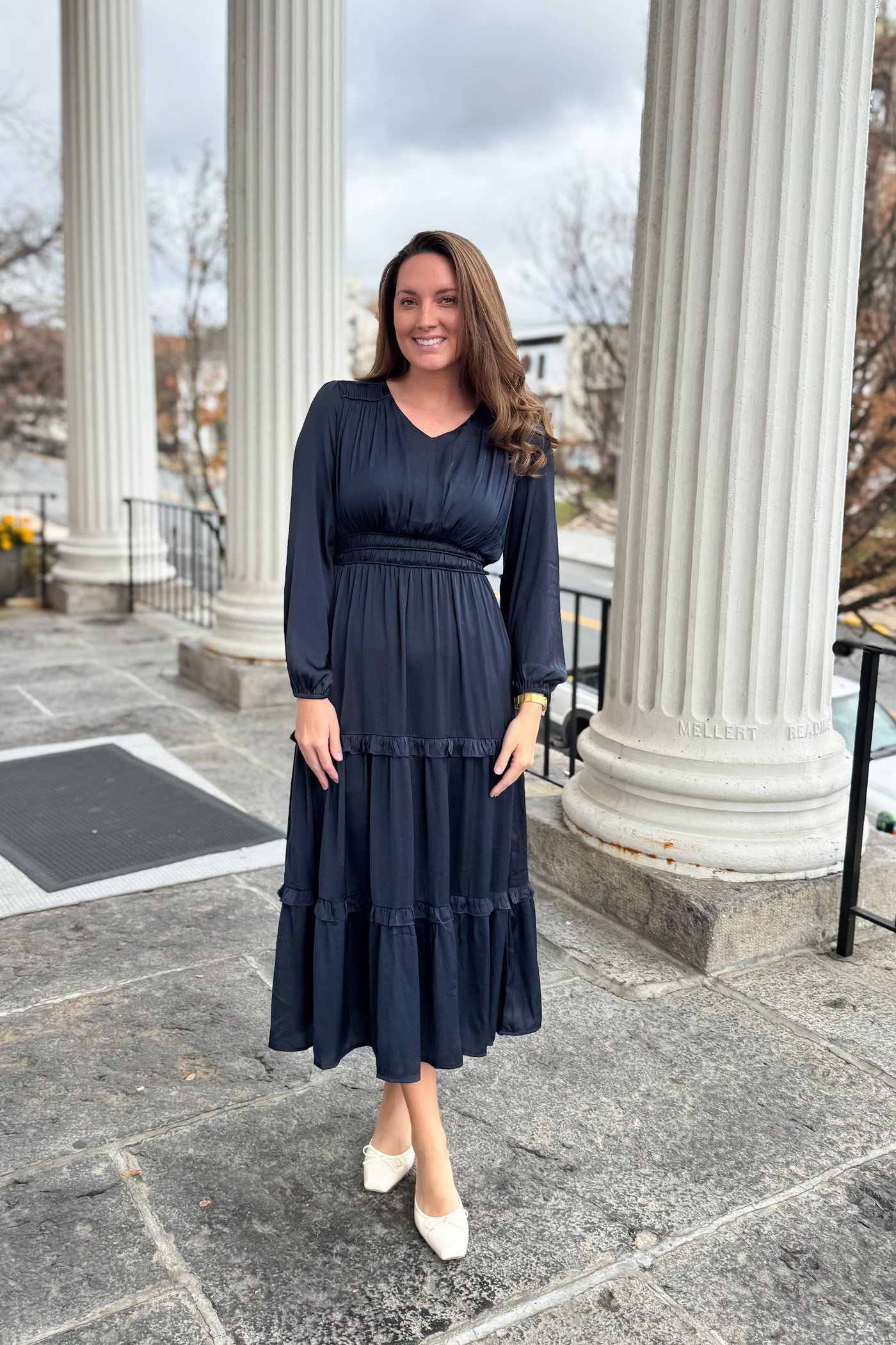 The Adriana Ruffle Satin Maxi Dress in Deep Navy