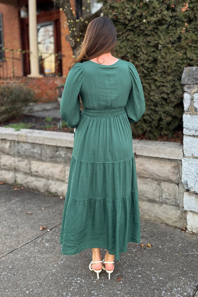 The Alyvia Embroidered Long Sleeve Maxi Dress in Hunter Green