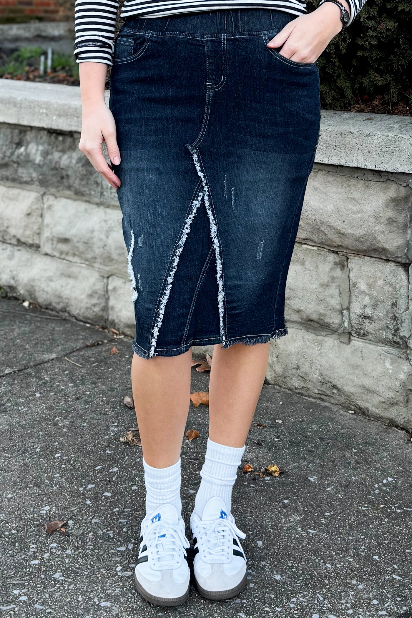 Becca Distressed Denim Skirt in Black