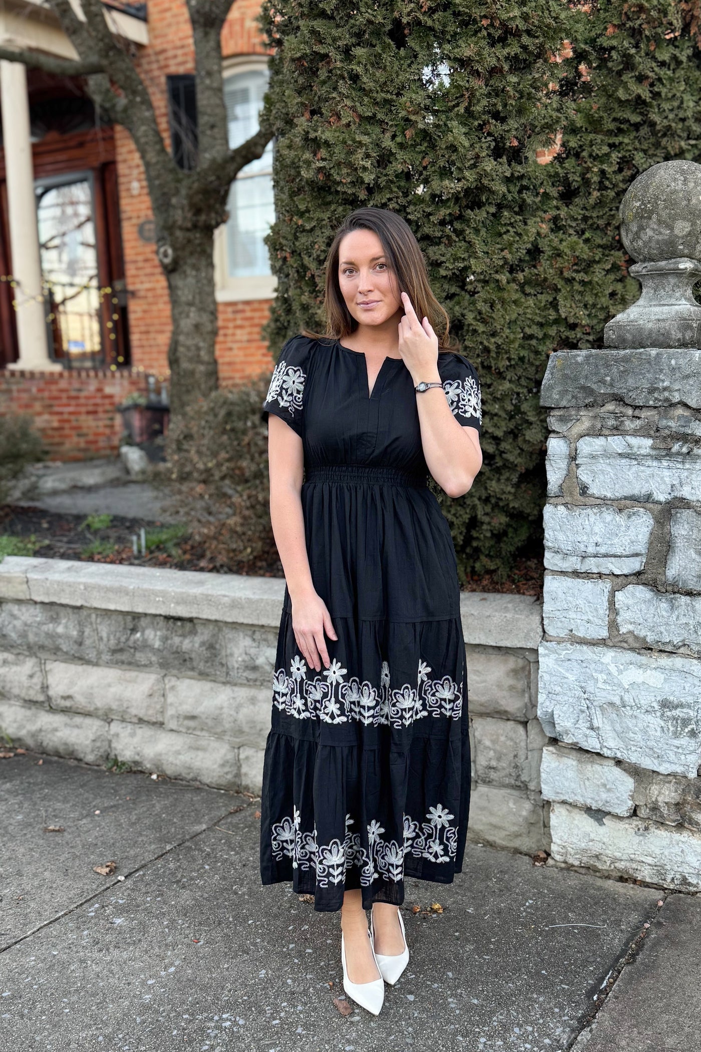 The Alyvia Embroidered Long Sleeve Maxi Dress in Black