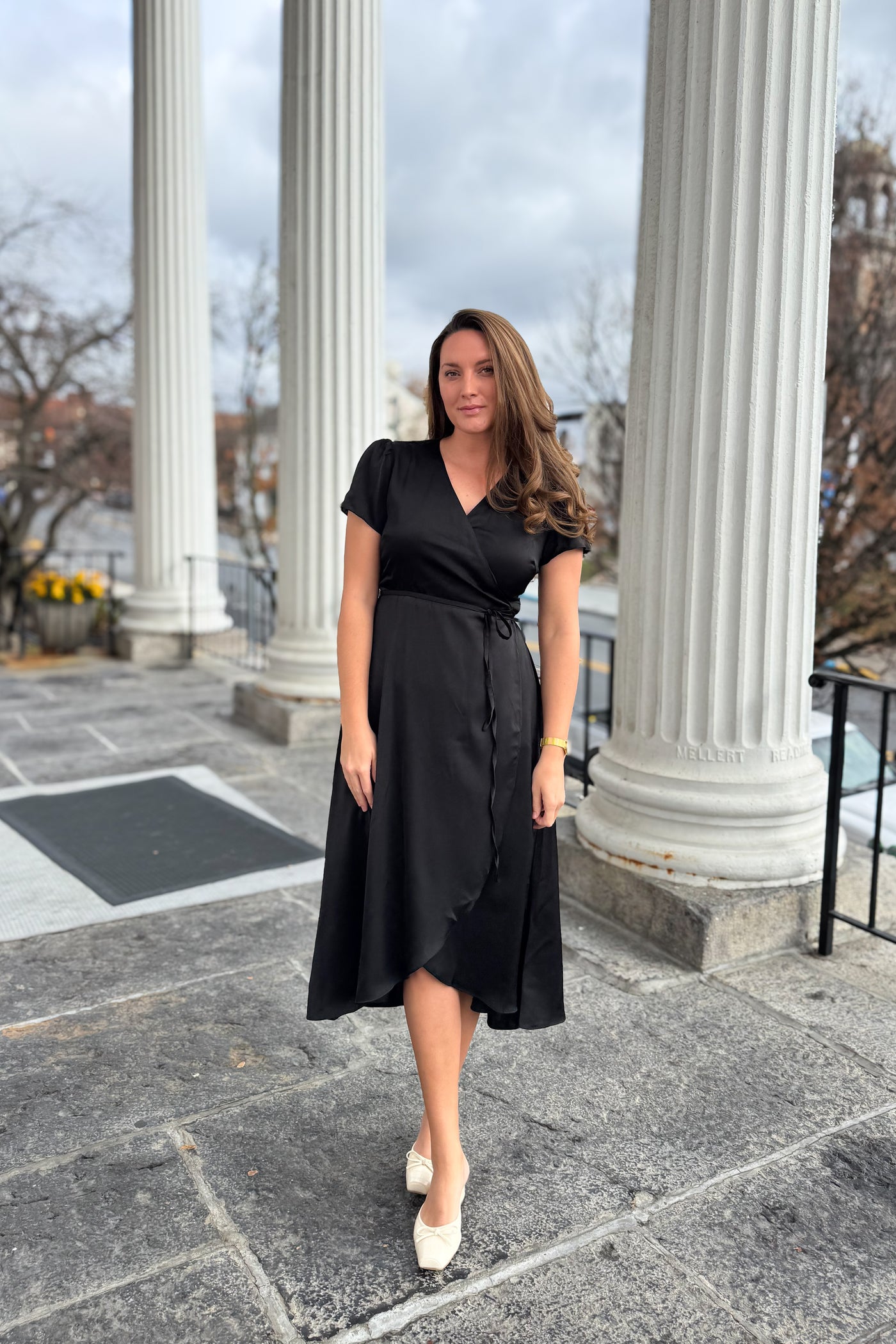 The Amani Satin Midi Wrap Dress in Black