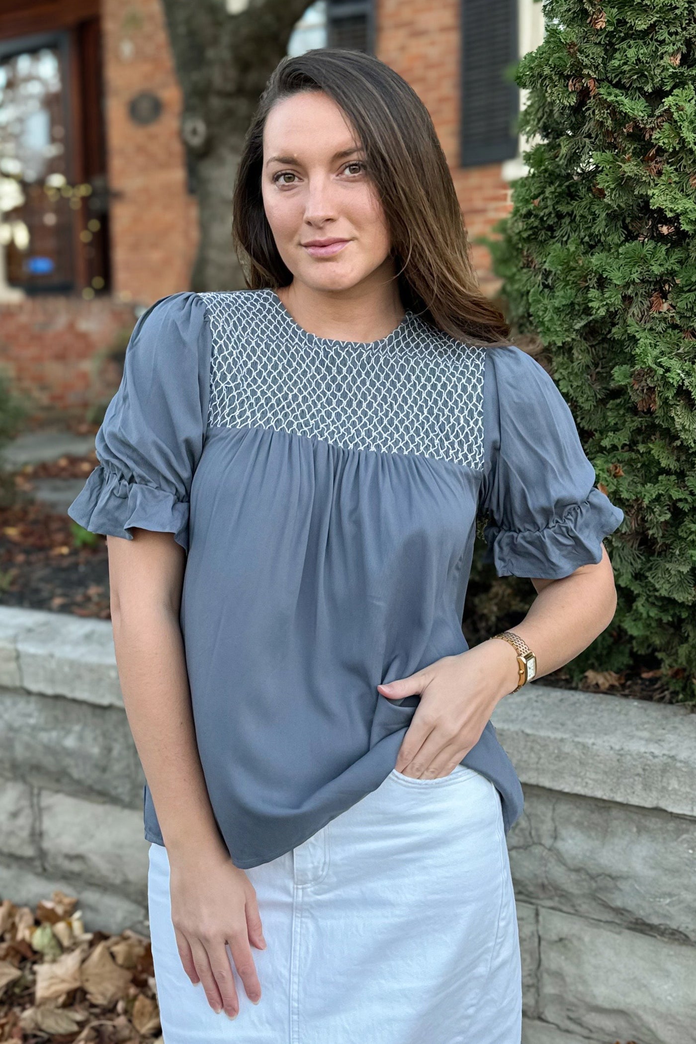 Ellie Half Sleeve Tie Back in Mineral Cool Blue