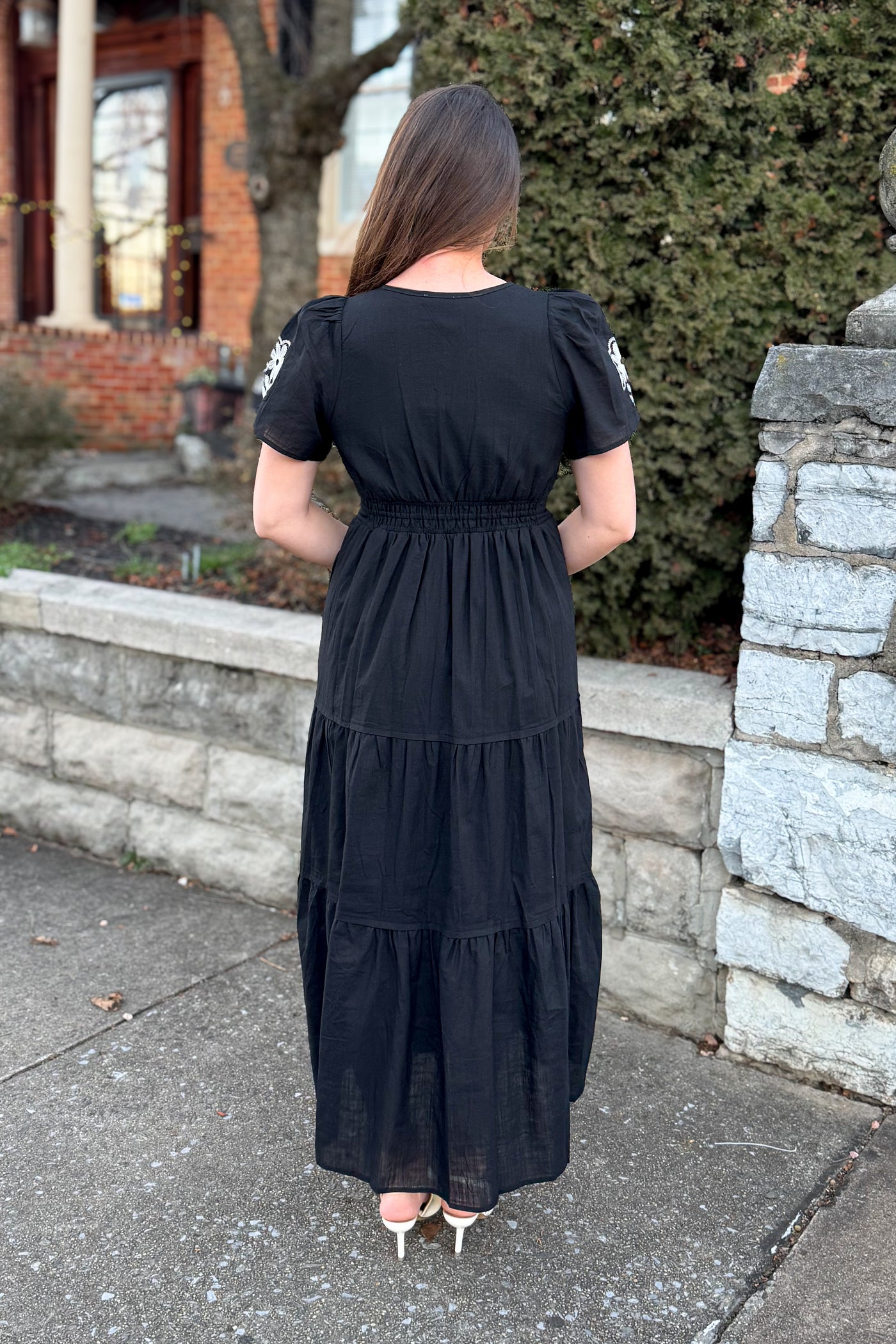The Alyvia Embroidered Long Sleeve Maxi Dress in Black