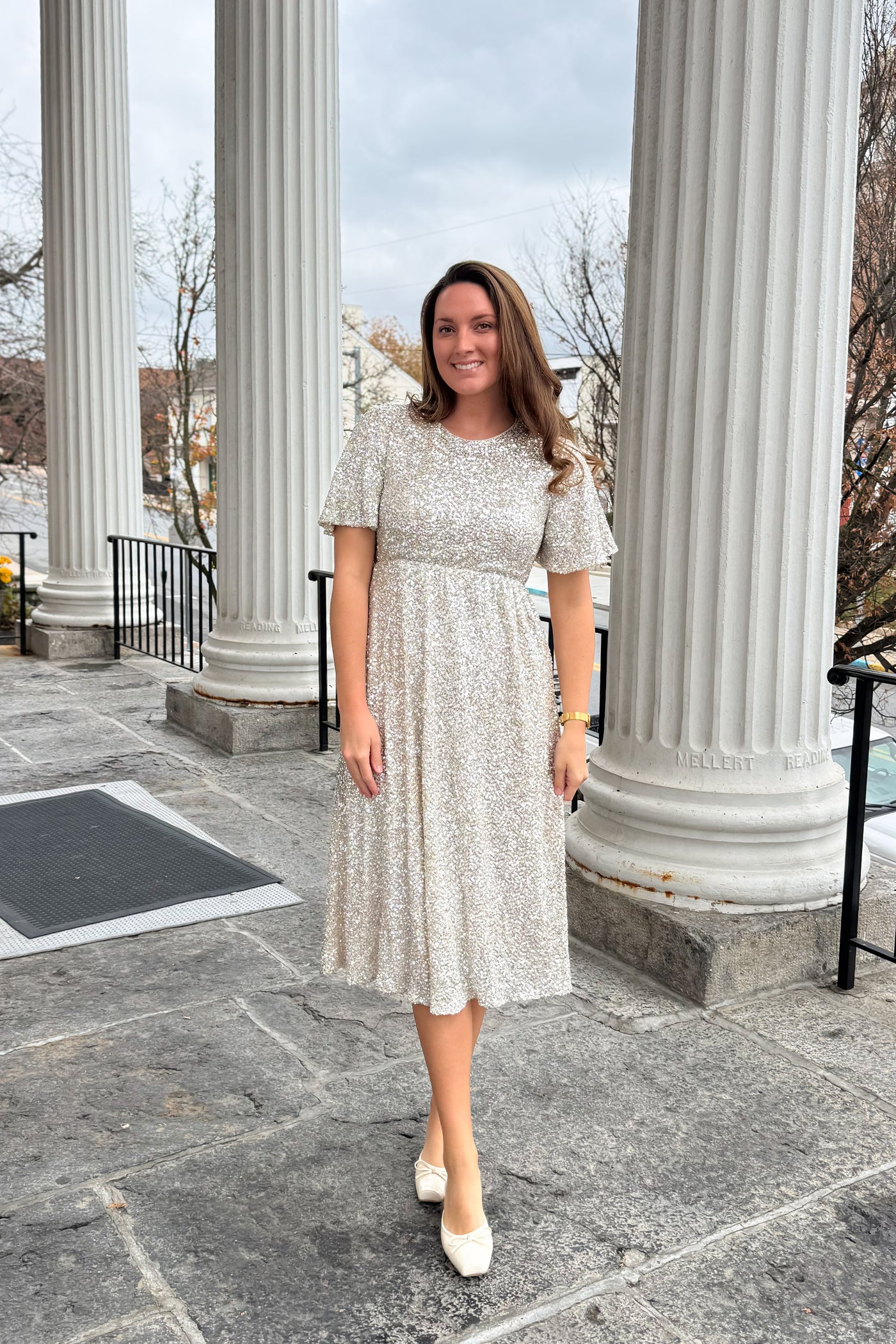 The Roxie Sequin Midi Dress in Champagne