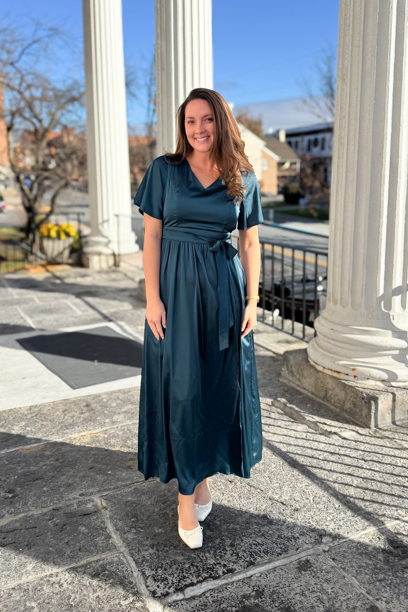 The Sasha Satin V-Neck Maxi Dress in Deep Teal