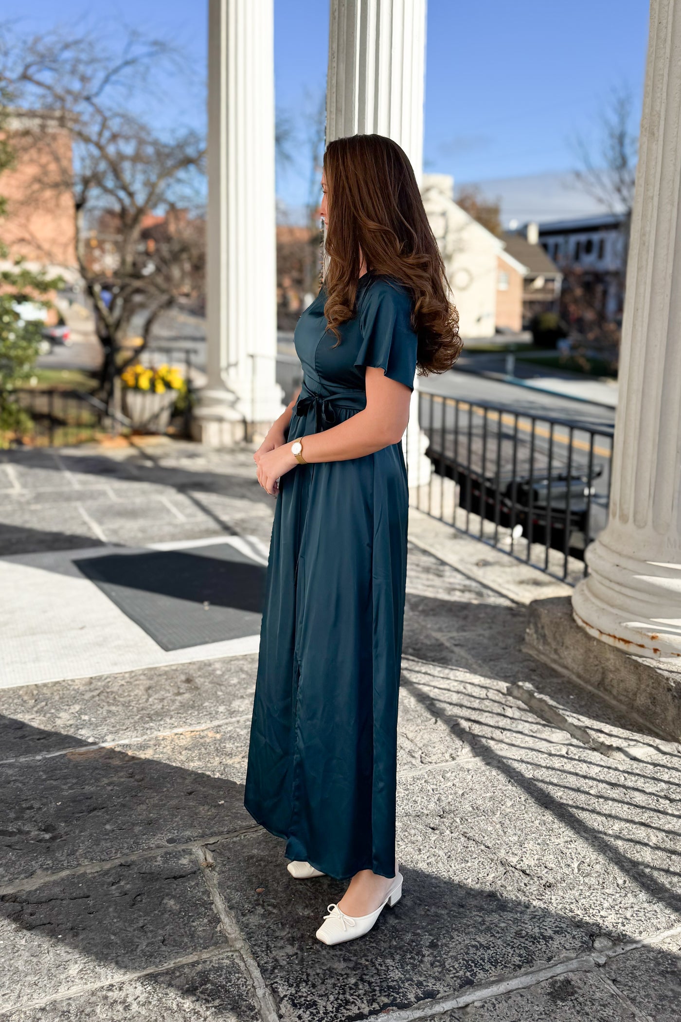 The Sasha Satin V-Neck Maxi Dress in Deep Teal