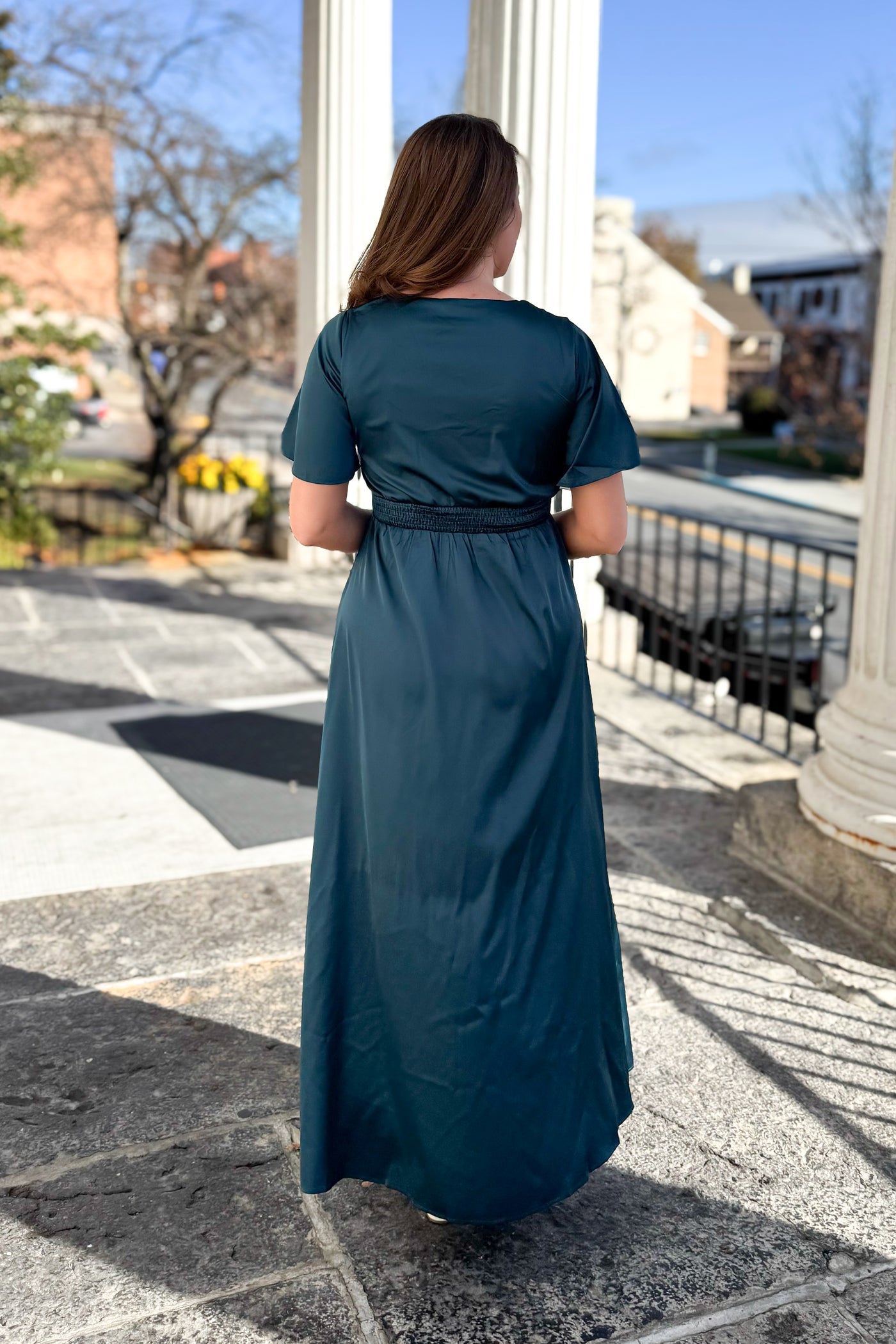 The Sasha Satin V-Neck Maxi Dress in Deep Teal