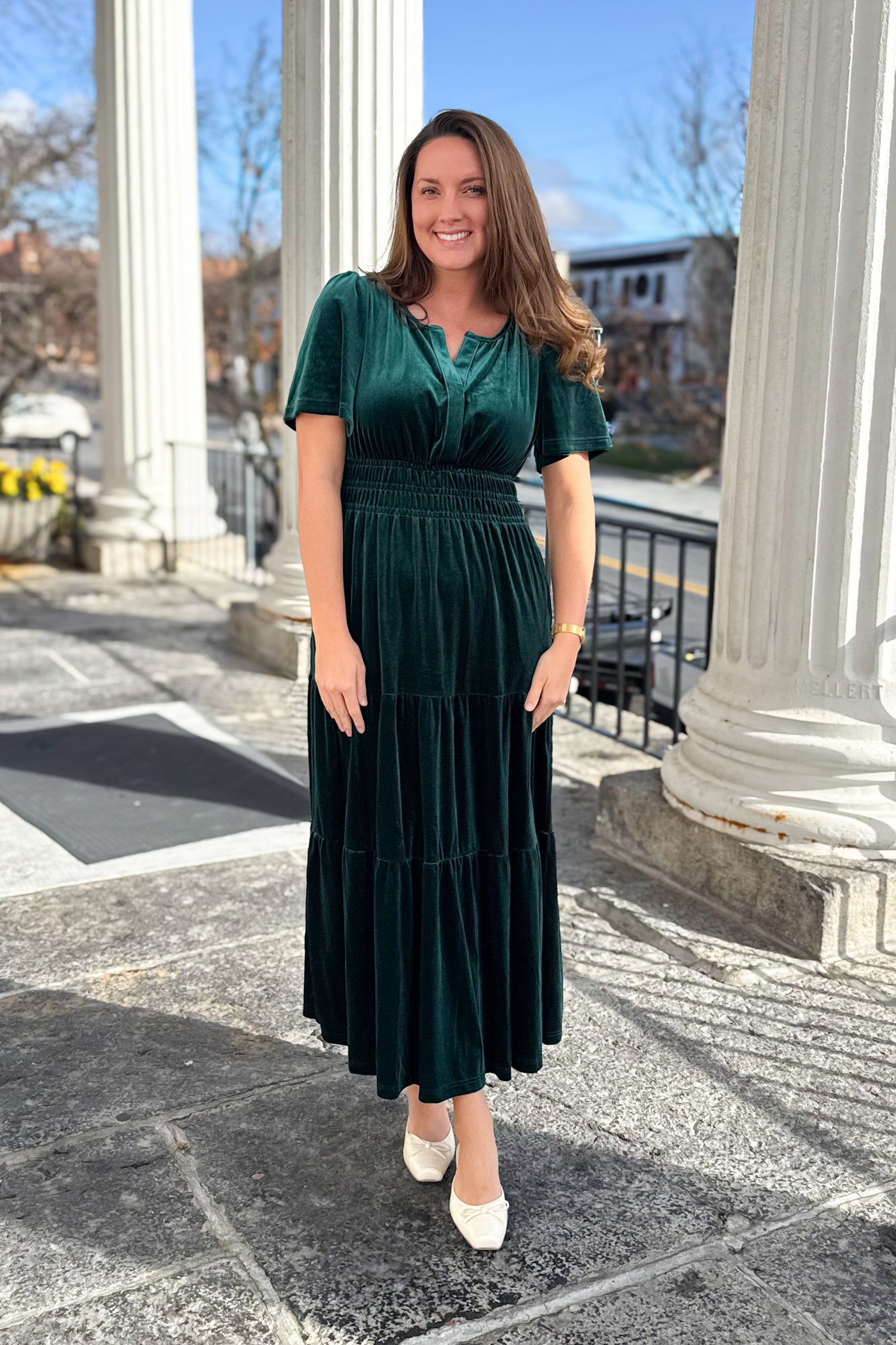 The Noelle Velvet Tiered Maxi Dress in Evergreen