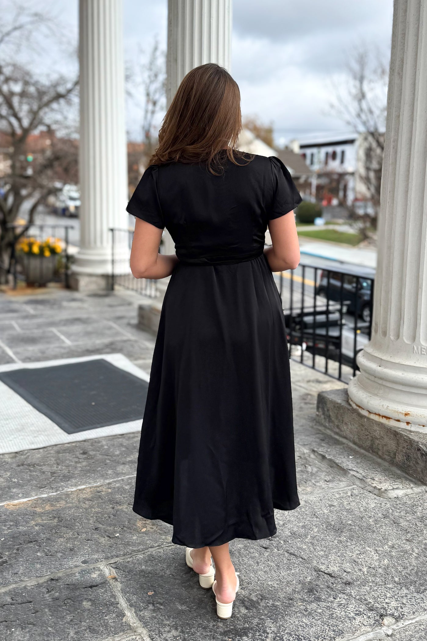 The Amani Satin Midi Wrap Dress in Black