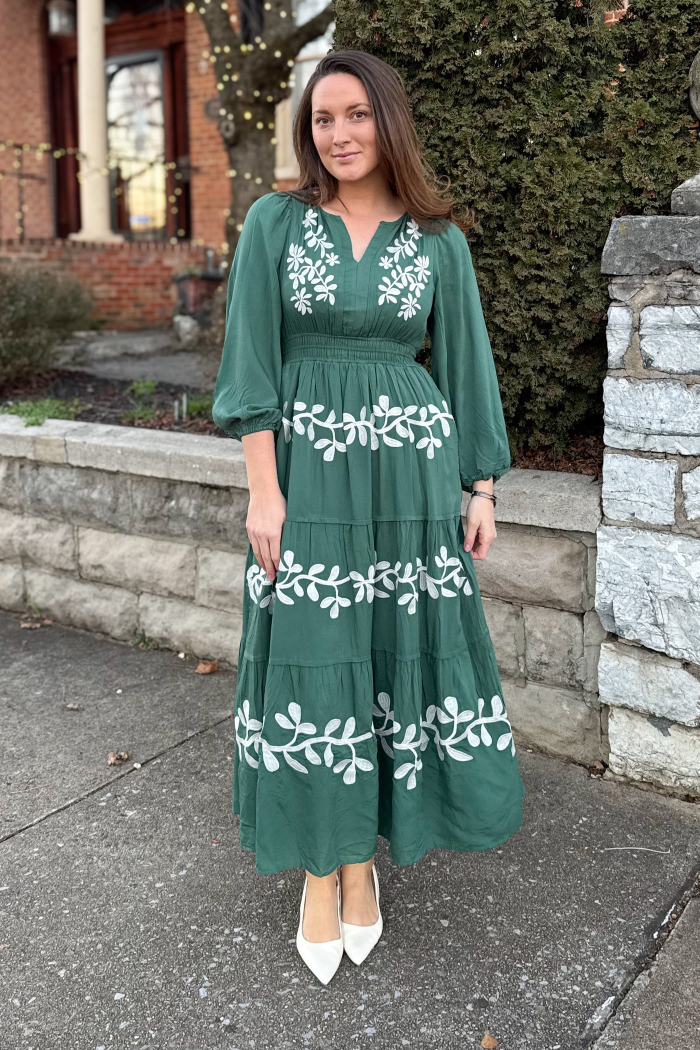 The Alyvia Embroidered Long Sleeve Maxi Dress in Hunter Green