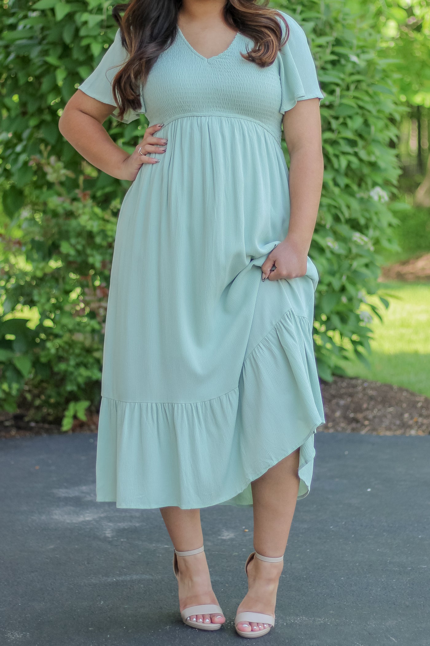 The Ayla Smocked Maxi Dress in Sage