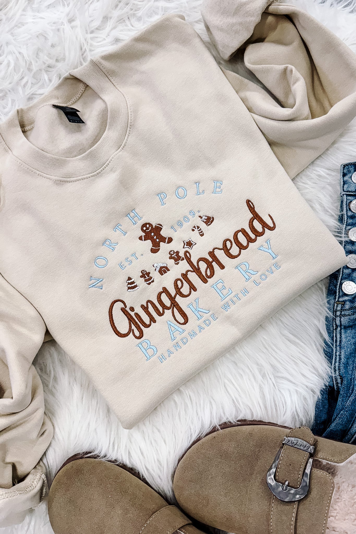 PRE-ORDER* North Pole Gingerbread Bakery Embroidered Graphic Sweatshirt - Sand (Ships by 11/24)