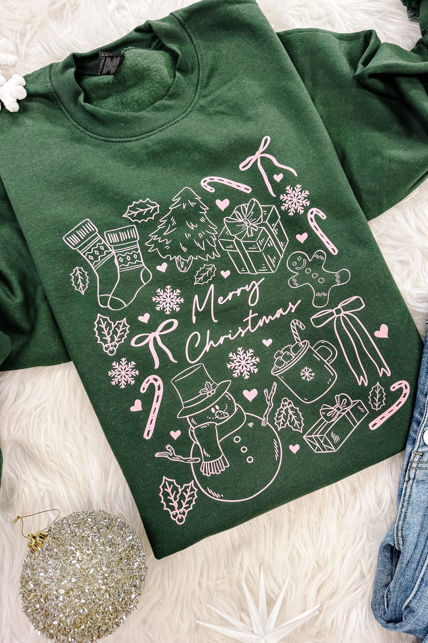 PRE-ORDER Merry Christmas Doodles Graphic Sweatshirts - Forest Green (Ships by 11/24)